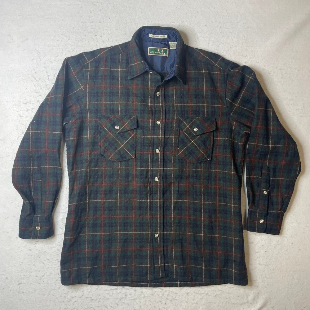 Winter Weights by b.o.g Wool Blend Flannel Shirt Mens Large Green Plaid Vintage